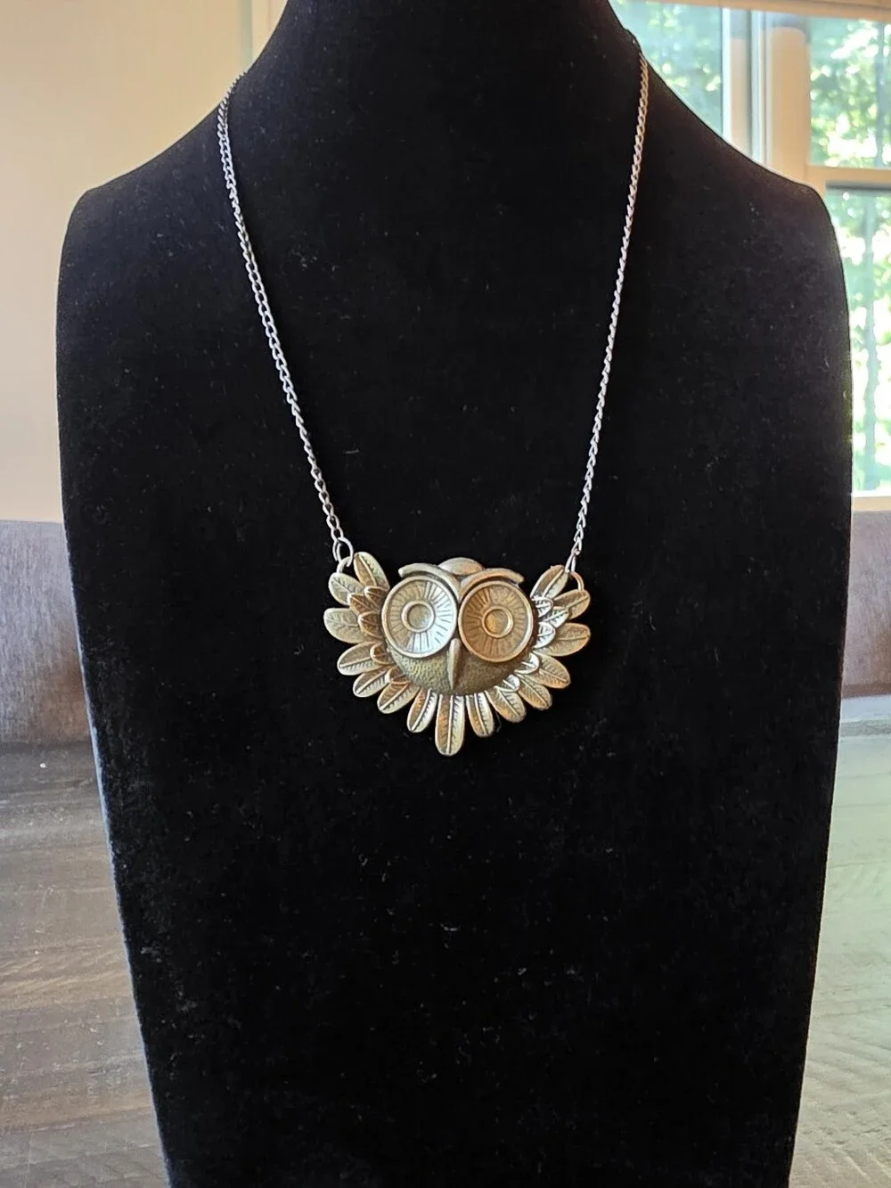 Antique Gold Tone Owl Statement Necklace Long Chain Boho Vintage Style
